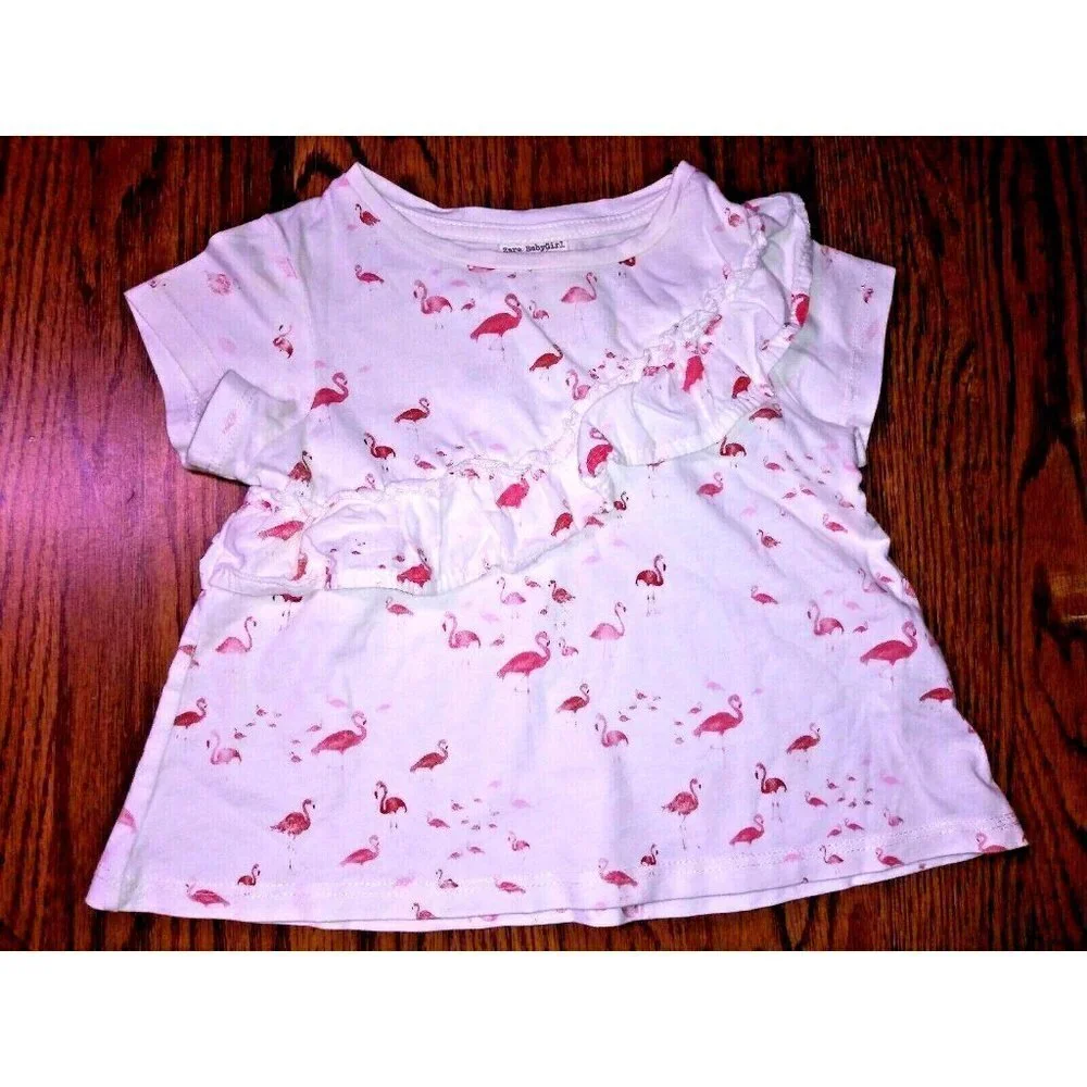 Zara Girl Dress pink Flamingo print baby Size 18/24 white with ruffle cap sleeve